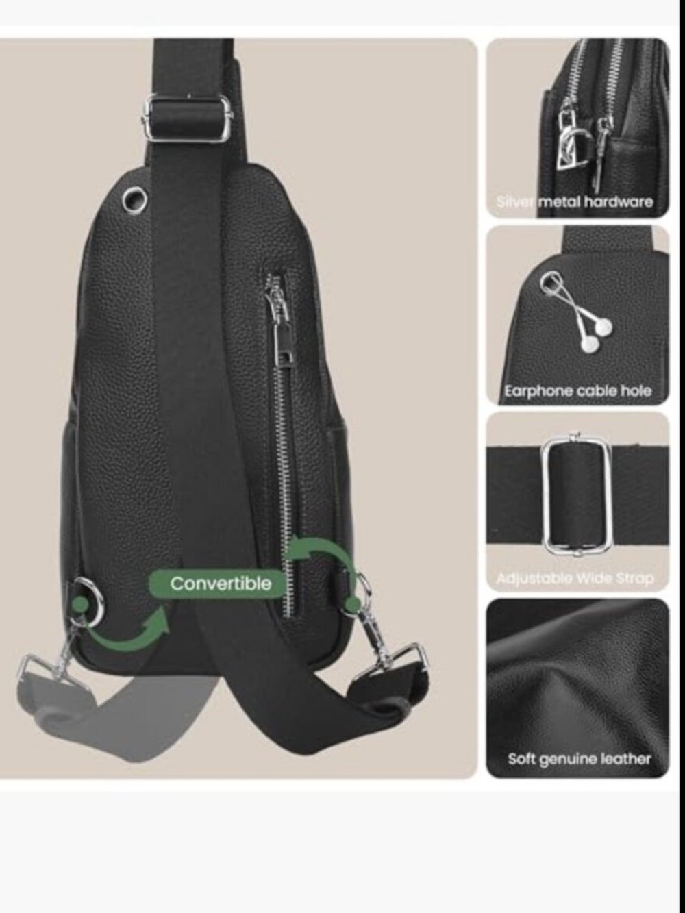 Italian Black pebbled genuine leather sling backpack/crossbody chest bag Unisex - Picture 11 of 11